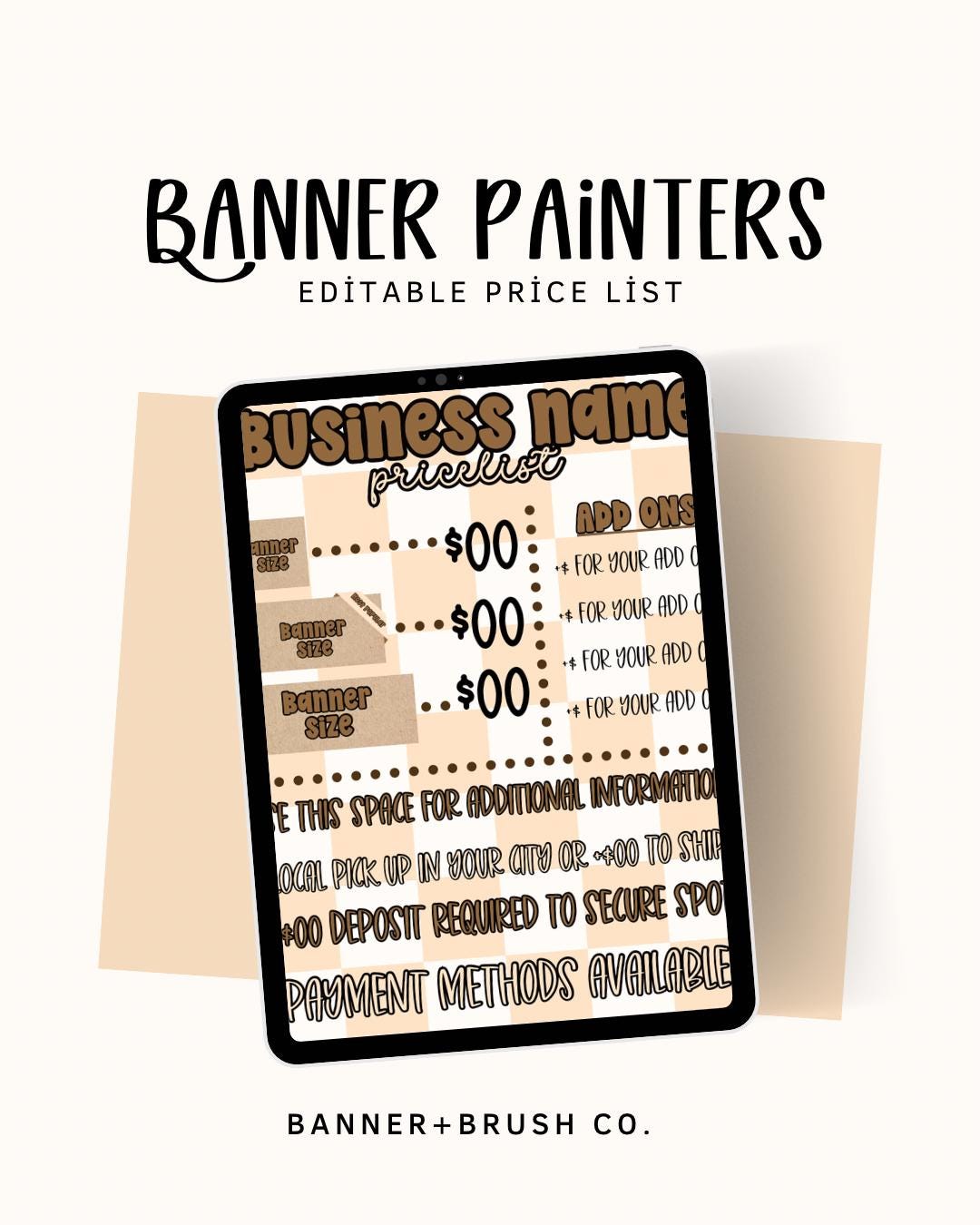Beige Checkered Banner Painter Price Sheet Template | Canva Pro Editable Pricing Sheet | Banner Artist | Fully Customizable 8.5x11