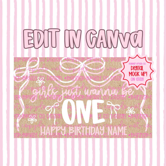 Girls just wanna be one birthday Banner Template | Editable Canva Banner | 35x60 DIY Painted Sign | first Birthday Theme | Digital Download