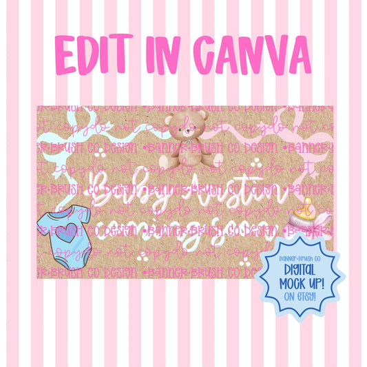 Teddy Bear gender reveal. Banner Template | Editable Canva Banner | 35x60 DIY Painted Sign | coquette gender reveal Theme | Digital Download