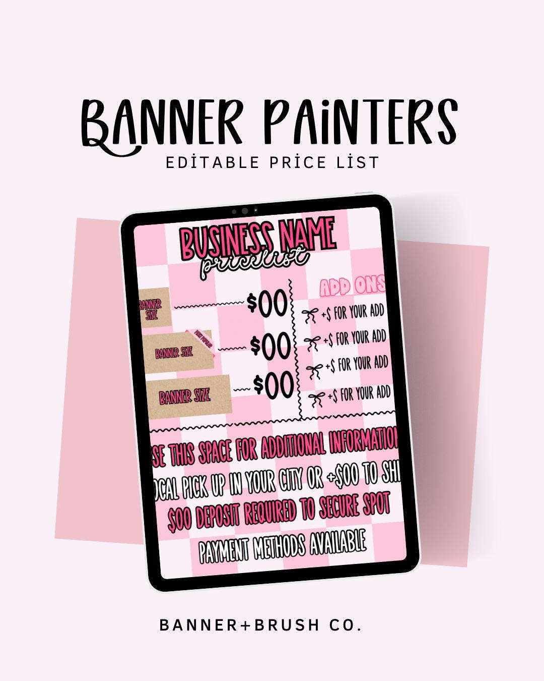 Pink Checkered Banner Painter Price Sheet Template | Canva Pro Editable Pricing Sheet | Banner Artist | Fully Customizable 8.5x11