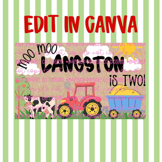 Moo Moo I’m Two Farm Banner Template | Editable Canva Banner | 35x60 DIY Painted Sign |  country birthday szn theme | Digital Download