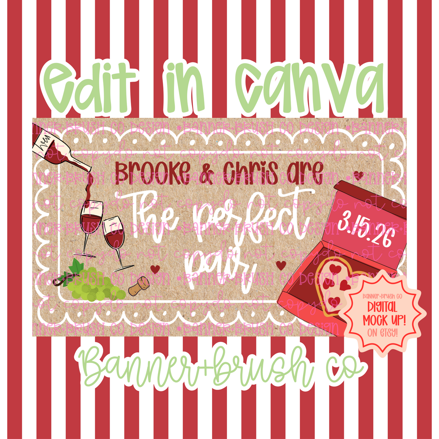 The Perfect Pair couples shower Banner Template | Editable Canva Banner | 35x60 DIY Painted Sign |  pizza and wine shower theme