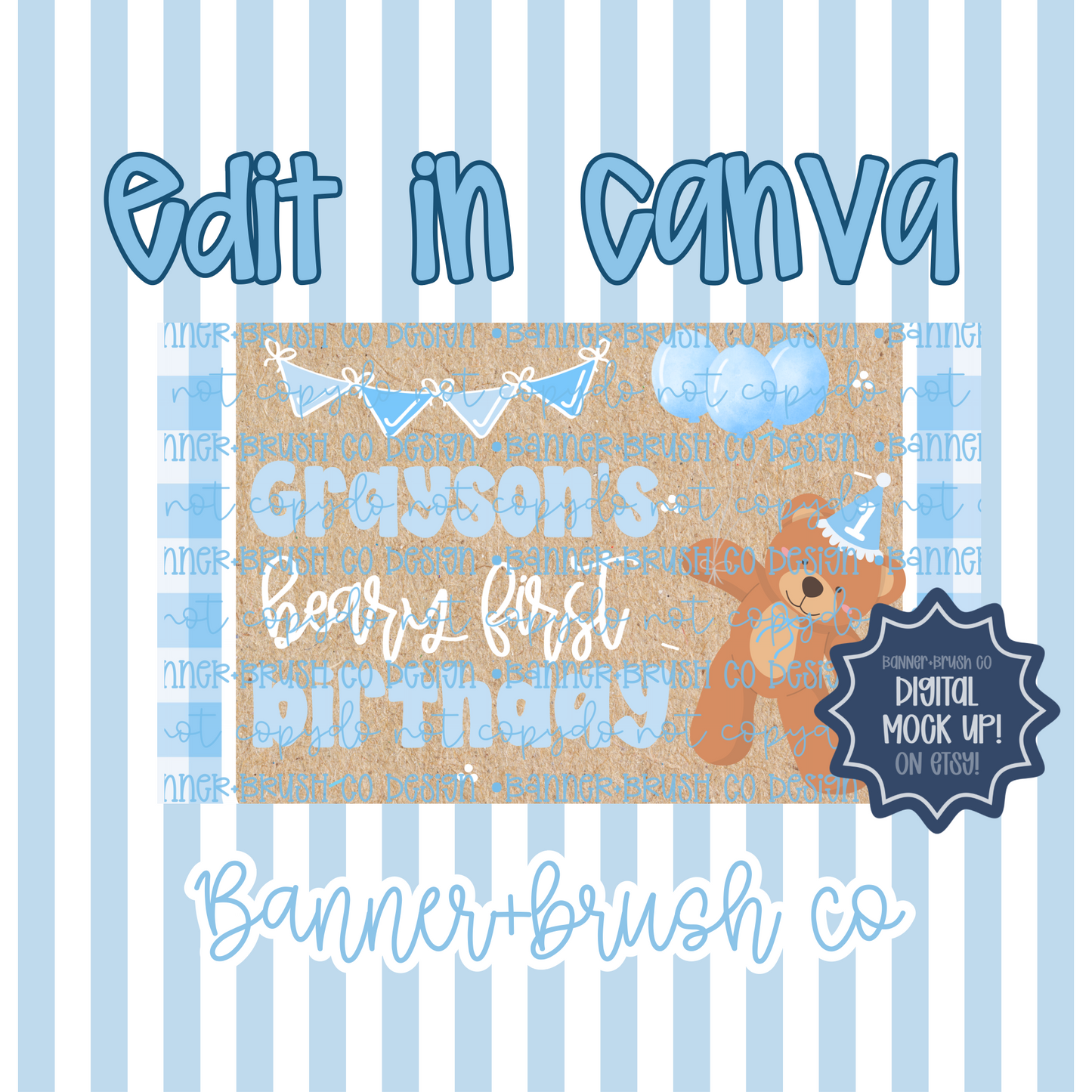 Beary First Birthday Banner Template | Editable Canva | 35x60