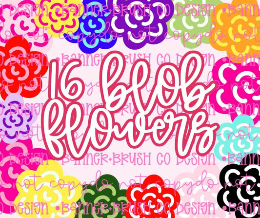 Blob Flower Clipart Bundle | 16 Color Floral PNGs | Hand Drawn Retro Flowers | Banner & Party Decor Graphics